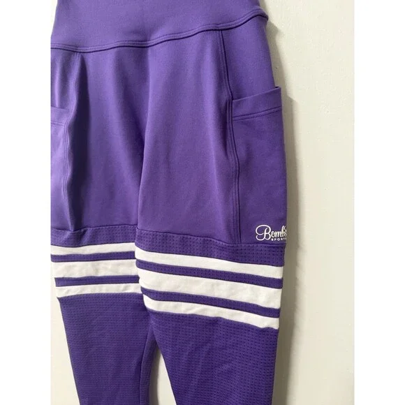 Bombshell Sportswear Purple High Rise Pocket Leggings XS Thigh Stripe Compressio - Picture 6 of 11
